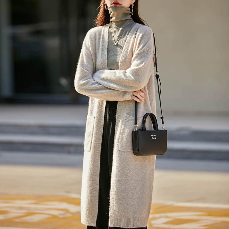 2025 Autumn/Winter Korean-Style Knee-Length Knit Cardigan - No Button, Double Pocket, Loose Fit, Solid Color