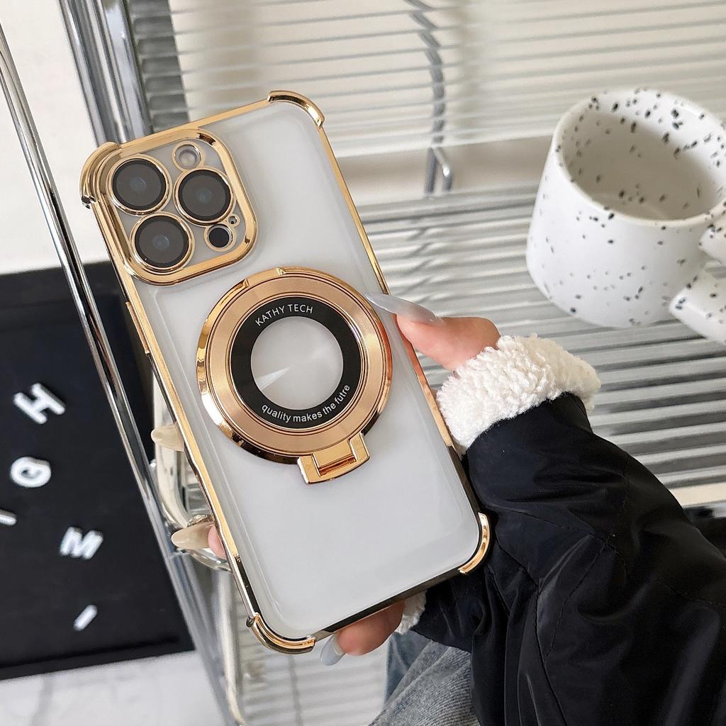 Luxury Plating Shockproof Magnetic Bracket Clear Case for Magsafe for iPhone 16 15 14 13 12 11 Pro Max With Holder Stand Cover
