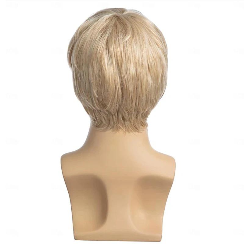 Mens Curly Wig Short Blonde Wig With Bangs Layered Wave Synthetic Hair for Male Cosplay Daily Heat Resistant Fibre Wig