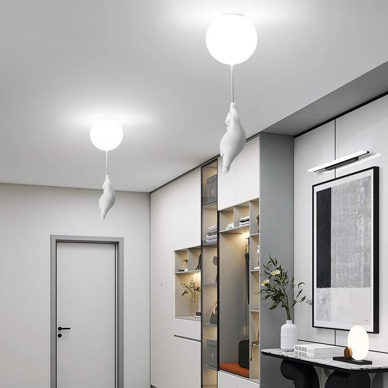 Modern Polar Bear Pendant Chandelier Creative Mike White Glass Ball Resin Indoor Kid Children Kindergarten Hanging Led Lamp