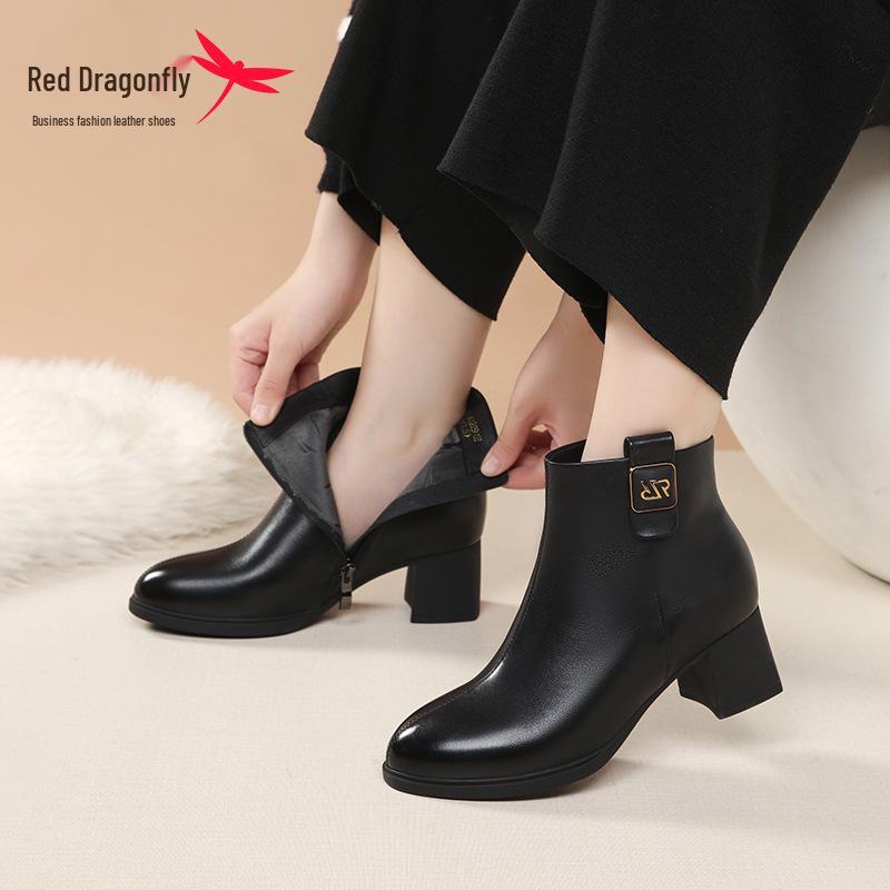 Red Dragonfly Women's High Heel Leather Boots - Autumn/Winter 2024 Stylish Slimming, Plush Lined Short Boots