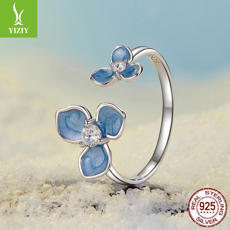 Blue Flower Opening Ring S925 Sterling Silver Flower Jewelry Ring For Women, Adjustable, Simple And Fashionable