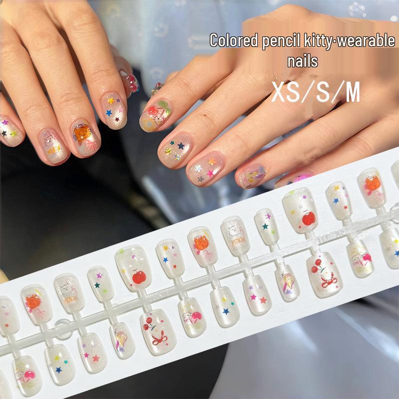 

Star Cat Eye Graffiti Art Kitty Nails: Short, Wearable, Cherry Bowknot Design Colored Pencil Kitty All M