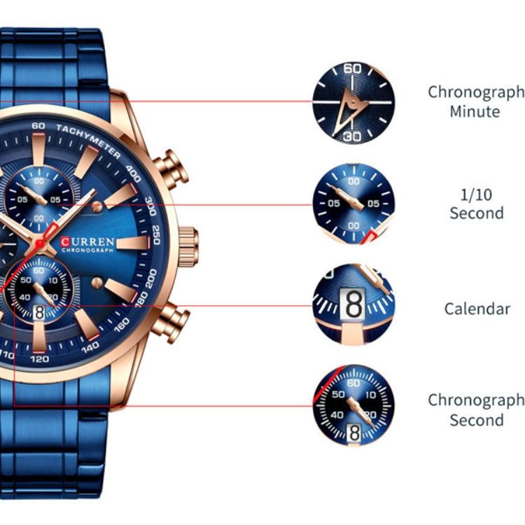 CURREN Ceas cu curea din oțel Calendar simplu, cadran mare, ceas de afaceri, rezistent la apă, moda bărbaților