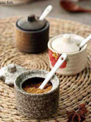 Tarros de cerámica retro para condimentos, saleros y pimenteros, utensilios para especias de cocina, organizadores de especias, tarros, caja para condimentos, accesorios de cocina
