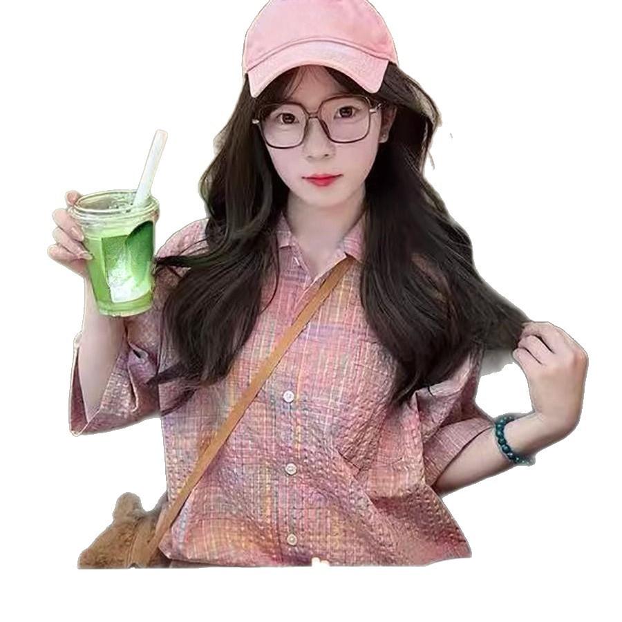 

Клетчатая рубашка с коротким рукавом для женщин на лето, свободный и повседневный дизайн, клетчатая рубашка для влюбленных 2XL розовый