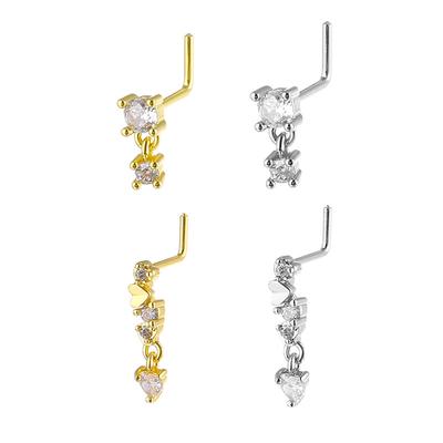 BEPAN Stainless Steel Long Fashion Nose Rings for Women Copper with CZ Heart Dangle L-Bend Nose Piercing Jewelry Body Jewelry