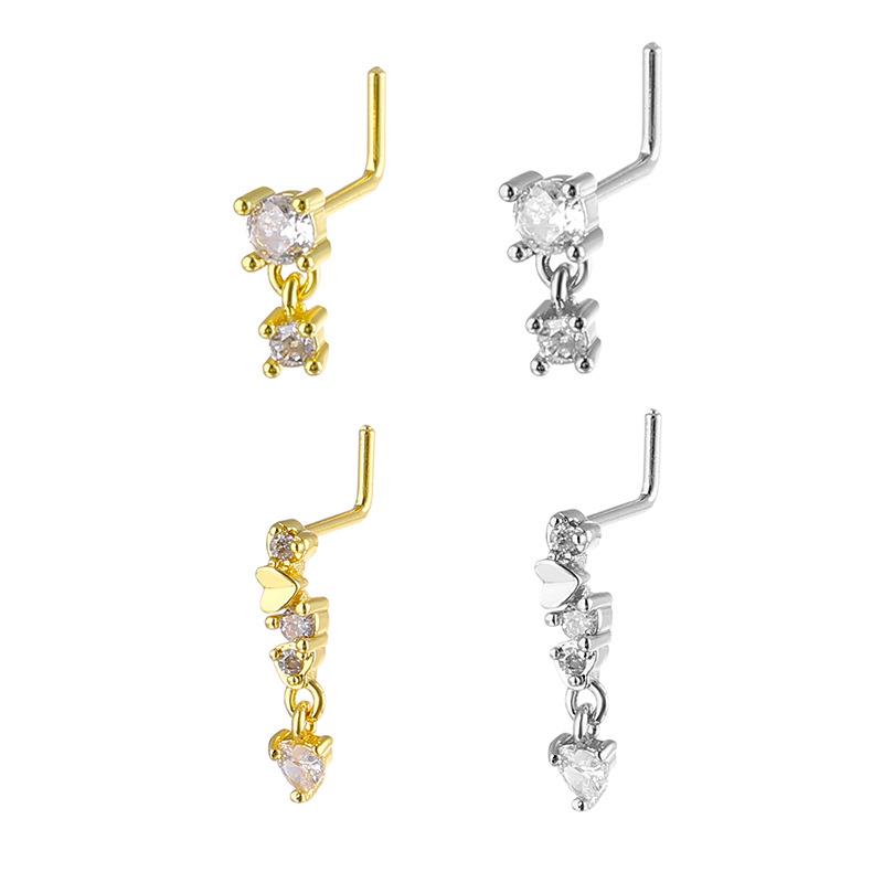 Lange Mode-Nasenringe aus Edelstahl für Damen, Kupfer mit Zirkonia-Herz-Anhänger, L-Bogen, Nasenpiercing-Schmuck, Körperschmuck 20G