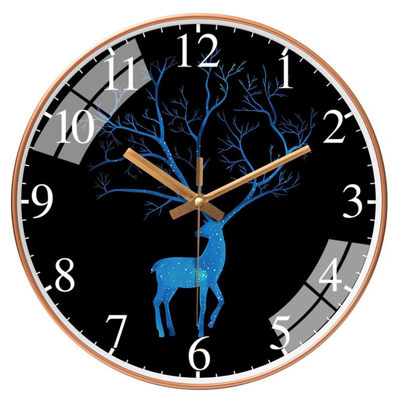 Blue Deer Wall Clock Rose Gold Frame Abstract Galaxy Deer with Tree Antlers Design for Living Room Bedroom Kitchen Home Decor