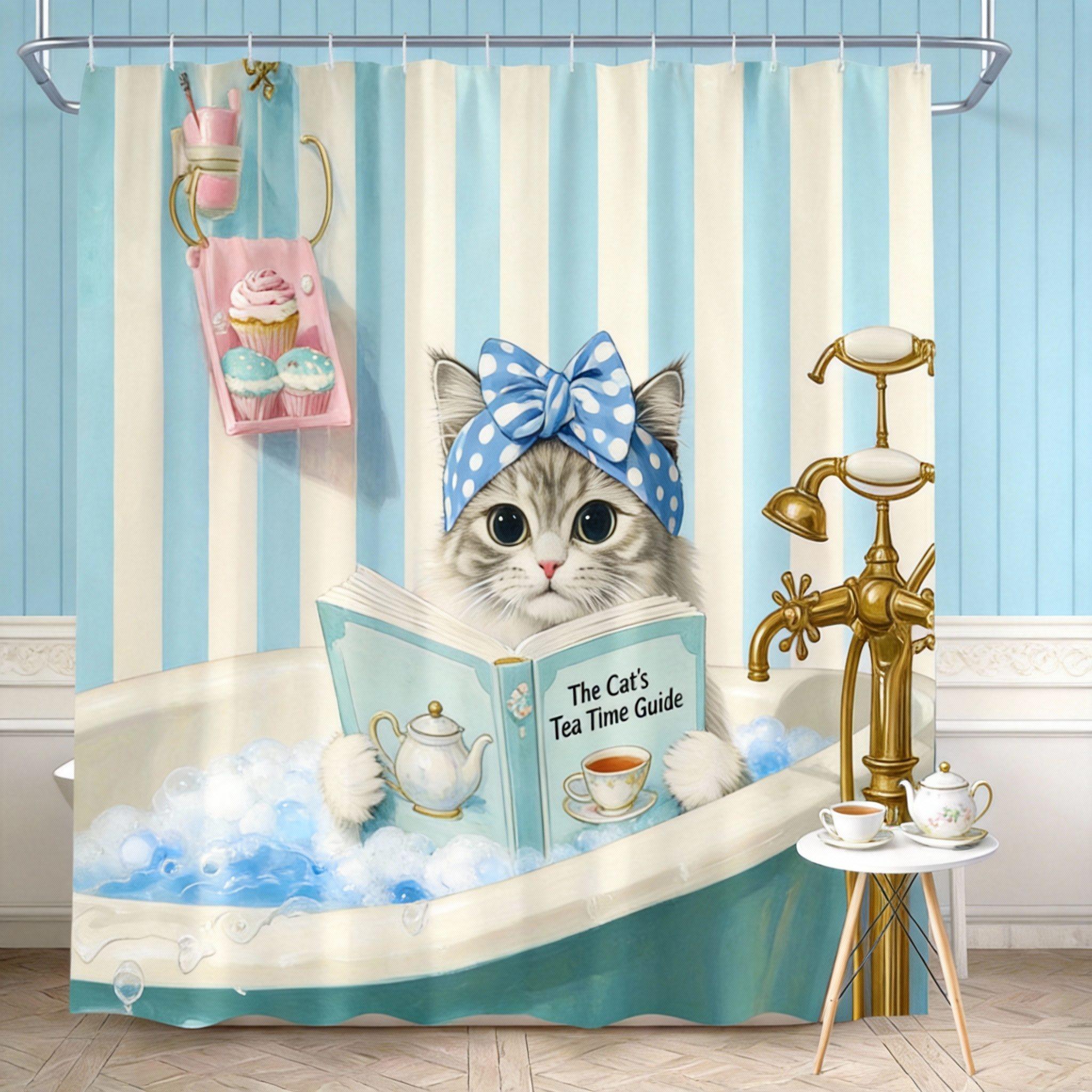 

Cat Shower Curtain 180X180Cm – Grey Tabby Kitten In Turquoise Bathtub With Pink Bow, Whimsical Bathroom Decor, 12 Hooks W60H190(CM)-1 Pcs