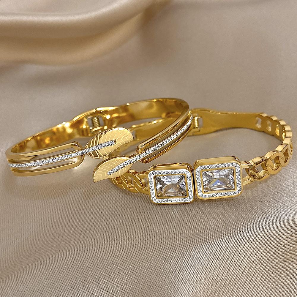 Exquisite Leaf Square Zircon Cuff Bracelet for Women Fashion Gold Plated Stainless Steel Bangle Bracelets Jewelry Gifts