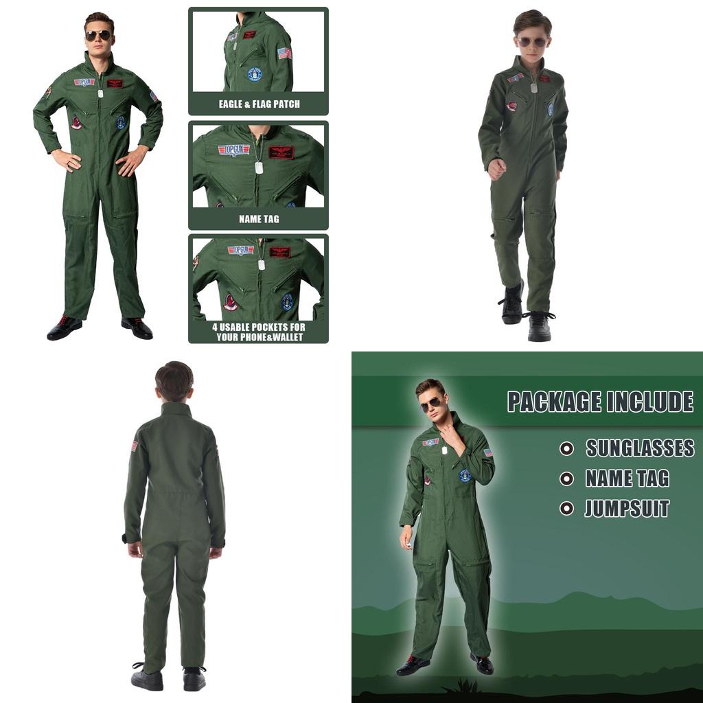 Top Gun pilots tērps Halloweena kostīms bērniem un pieaugušajiem Maverick Cosplay tērps ar saulesbrillēm un vārda zīmi