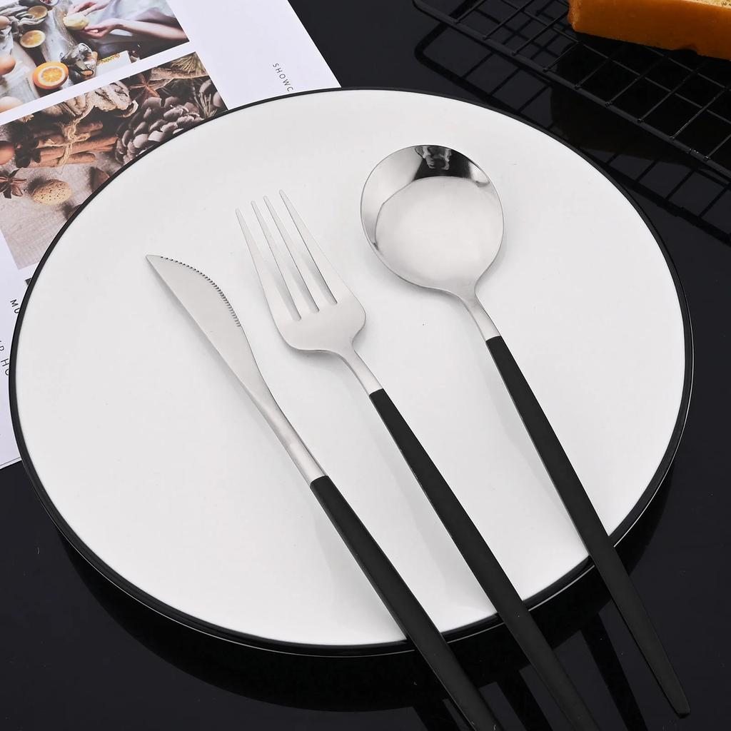 20Pcs Luxury Mirror Flatware Set Kitchen Stainless Steel Tableware Set Hotel Dinnerware Set Black Silver Cutlery Set Gift
