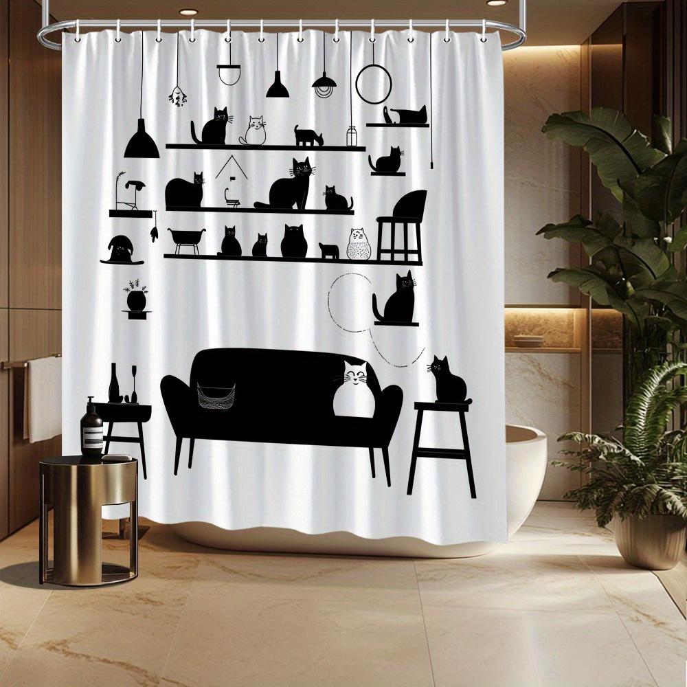 Black & White Cat Silhouette Shower Curtain, Minimalist Design with Sofa & Shelves, Contemporary Bath Decor W90xH180cm
