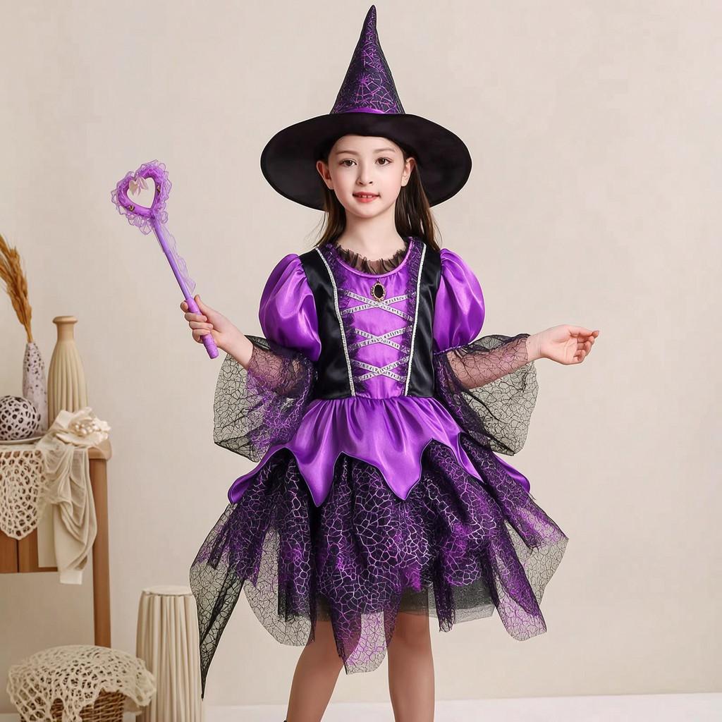 Fantasy Theme Girl Witch Costume With Mesh Fabric For Childrens Cosplay And Party Wear