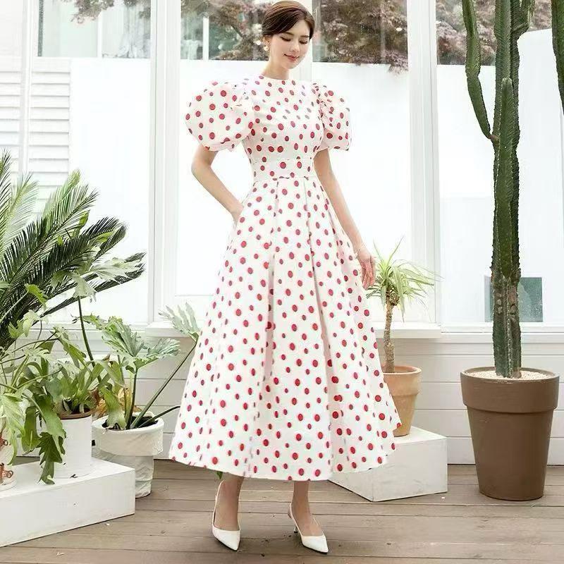 Retro Europäisches & Amerikanisches Polka-Dot-Kleid mit Puffärmeln und Taillenbetonung