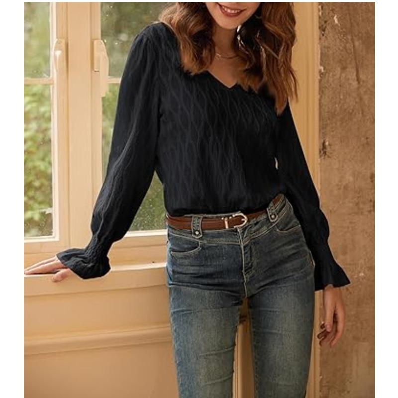 Women's Autumn and Winter New Fashion Solid Colour V-Neck Long Sleeve Range T-Shirt Top