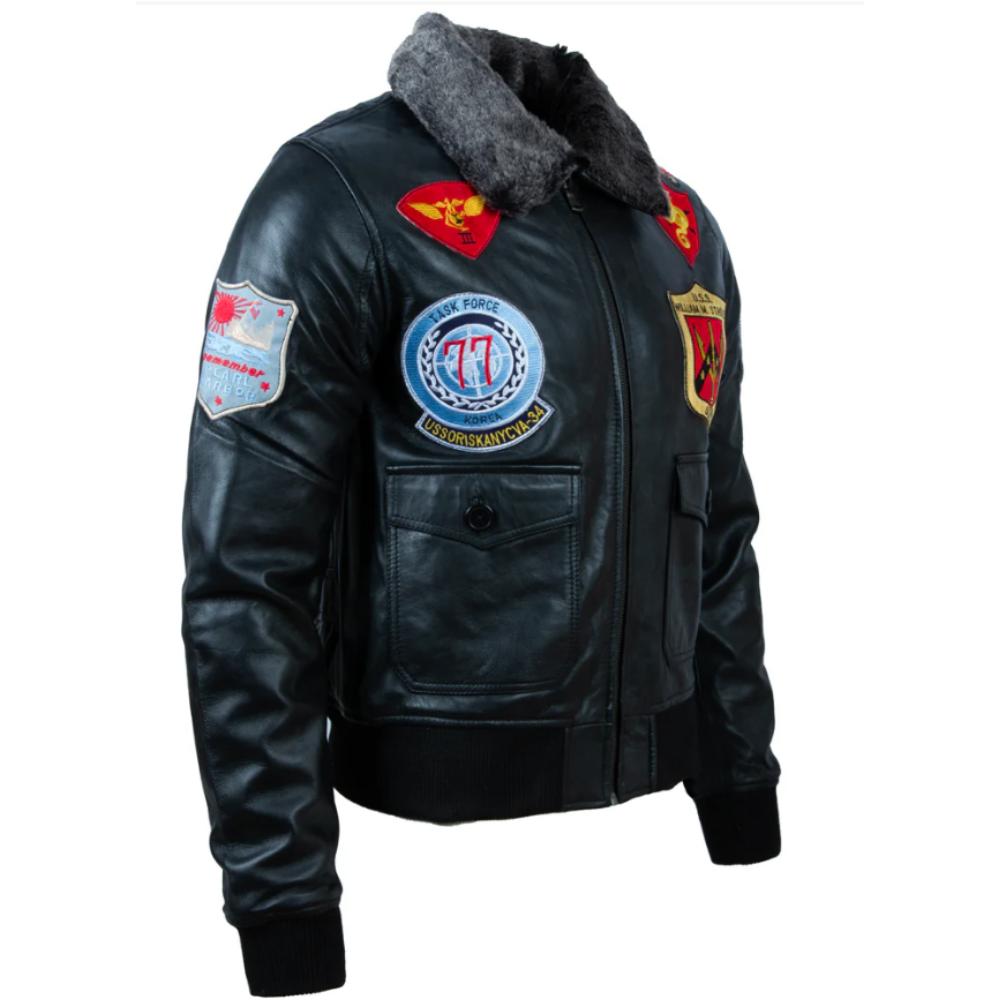 AVIATRIX Men's Real Leather Aviator Pilot Bomber Jacket (2KVE) - Black with Silver Fur Collar