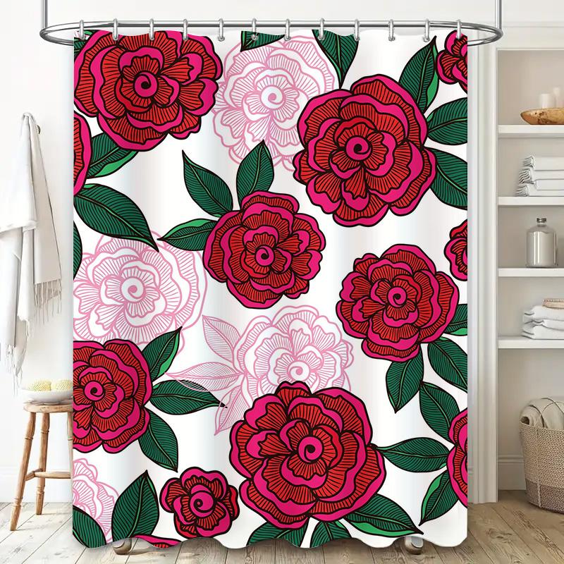 Vintage Floral Shower Curtain, Retro Decorative Bath Matting Waterproof Fabric Print Bathroom Accessories Pink Red Blossoms 3D D