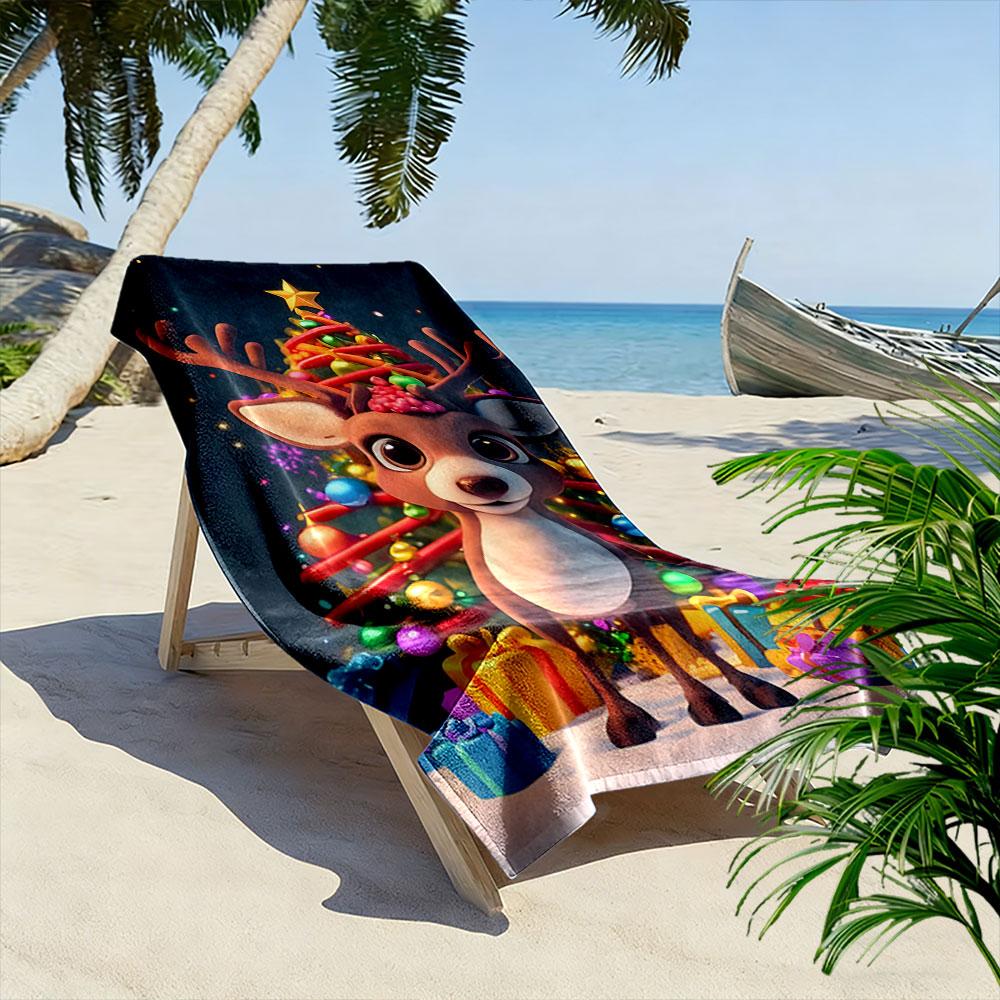 Joyful Reindeer Holiday Wonder Print Beach Towel, Quick Drying, Suitable for Travel, Outdoor Sports, Jogging, the Beach and Swimming, Gift