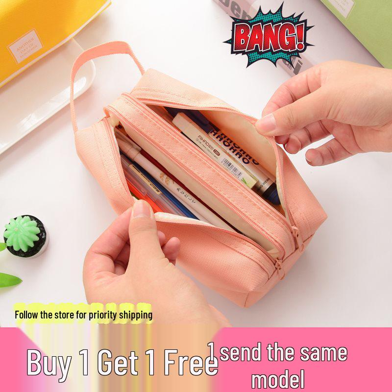 Ins Style Double Layer Canvas Pencil Case for Students - Simple, Creative Design with Zippers