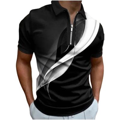 Męska Koszulka Letnia Polo na Zamek W Paski Krótki Rękaw Kołnierzyk Top Casual