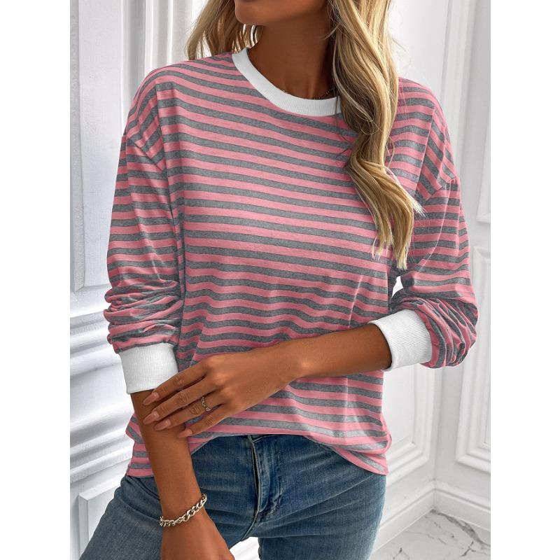 Navy Striped T-shirt Loose Long Sleeved Sweatshirt Striped Round Neck T-shirt Top