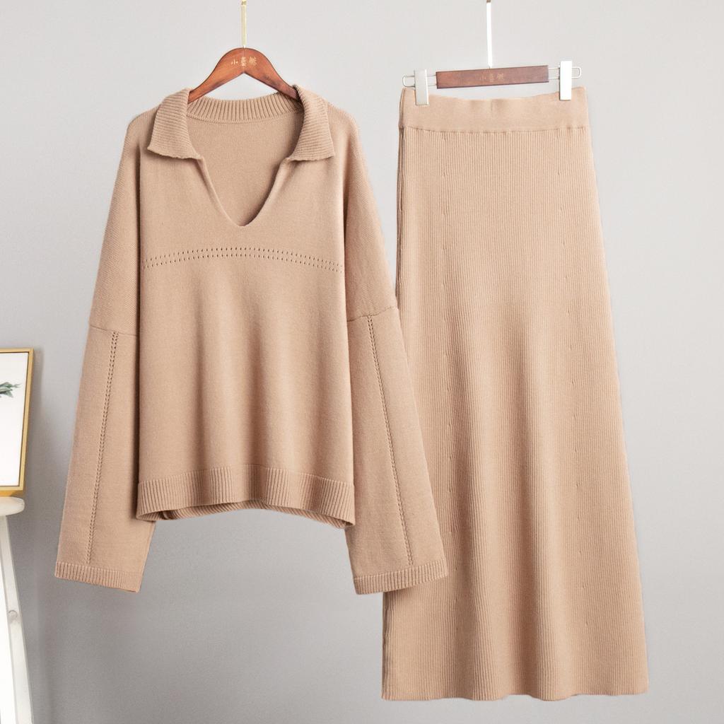 Dwuczęściowe stroje damskie Swetry i spódnice Zestawy Casual Długi rękaw Dekolt w serek Prążkowane dzianinowe bluzki Sukienka midi Jesień Zima Dzianinowa bluzka typu pullover Spódnica obcisła dla kobiet