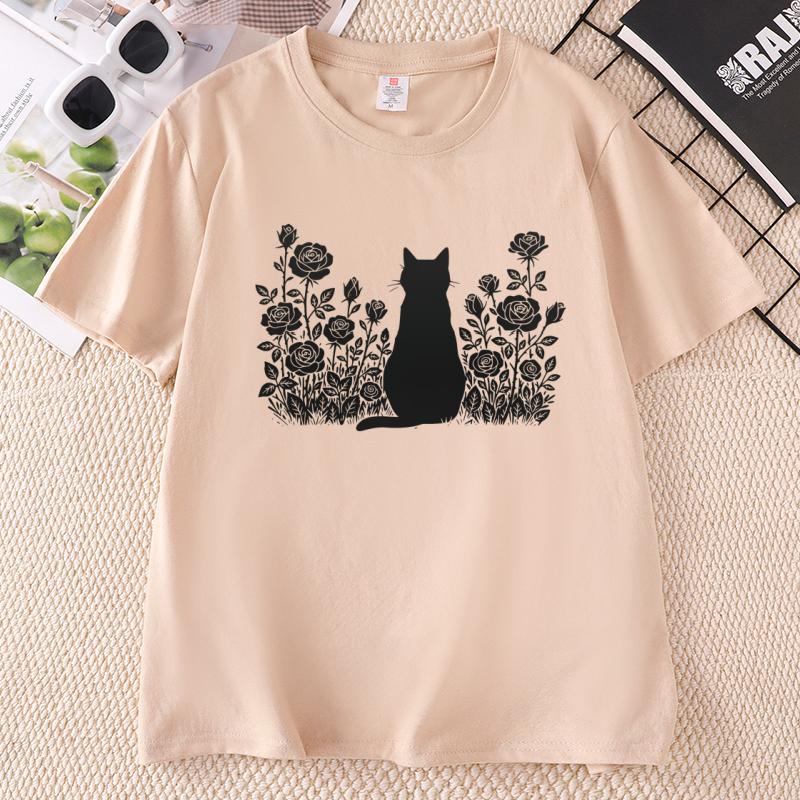 Vintage Comfort Y2k Cat T Shirt Unisex Ladies Cute Kitten Tee Pressed Flowers Tshirt Casuashort Sleeve Round Neck Tee