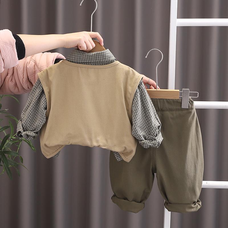 Boys' Suit 0-5-Year-Old Children's Spring And Autumn Vest Fashionable Long Sleeved Checkered Shirt Casual Long Pants Three Piece Set