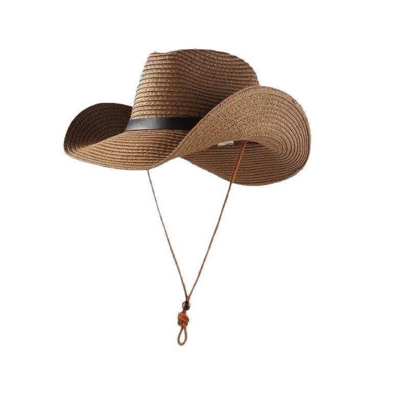 Straw Men's & Women's Adjustable Wide-Brim UV-Protective Cowboy Hat for Outdoor Hiking Summer