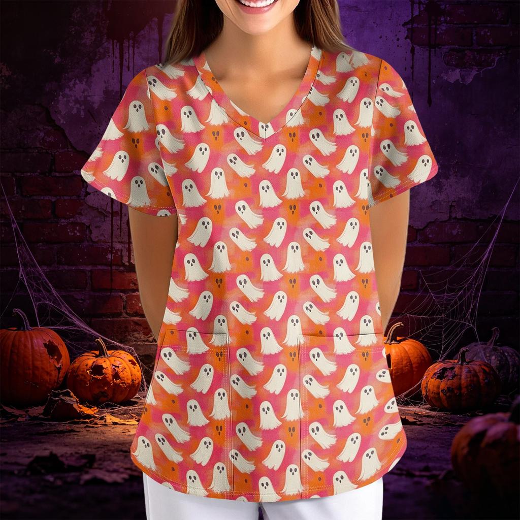 Womens Halloween Print Loose Fit V Neck Pocket Short Sleeve Scrub Top for Nurses and Professionals