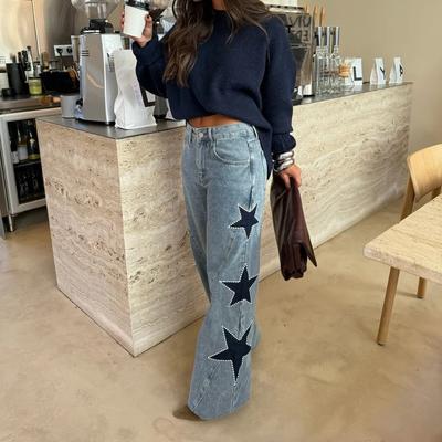 Jean en Denim pour Femme Vintage Jambe Large Pantalon Long Imprimé Taille Haute Pantalon Droit Y2k Streetwear Travail Décontracté Ample 2026
