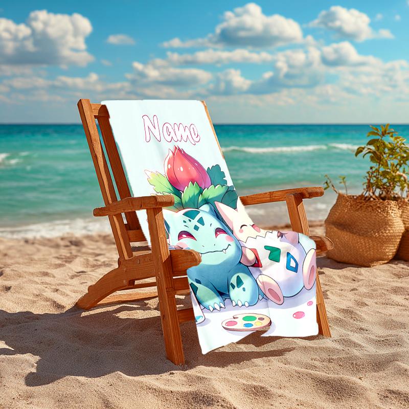 Personalized customized proof beach towel with Pokémon Bulbasaur pattern - soft, absorbent,quick-drying,perfect swimming,camping&bathing