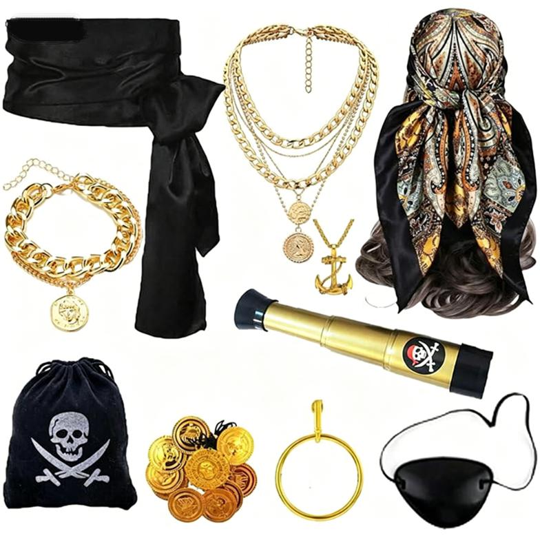 10pcs/set Pirate Cosplay Accessory Set, Head Scarf Belt Necklace Bracelet Kit for Halloween Party Dress-up