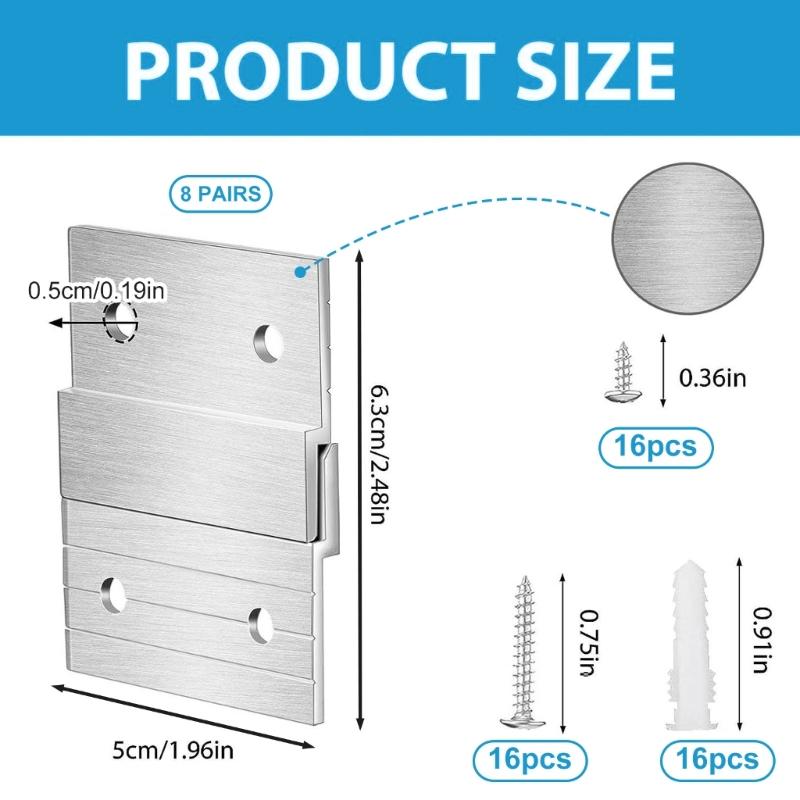 8 párů hliníkových Z-věšáků na francouzský klín Podpěry pro nástěnné panely Vylepšení pro zavěšení zrcadel, obrázků a rámů s uměním na zeď