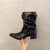 Designer Women's Boots Retro Rivet Leather Boots Fashion Pointed Mid-calf Boots Metal Buckle Designer Women's High Heel Booties