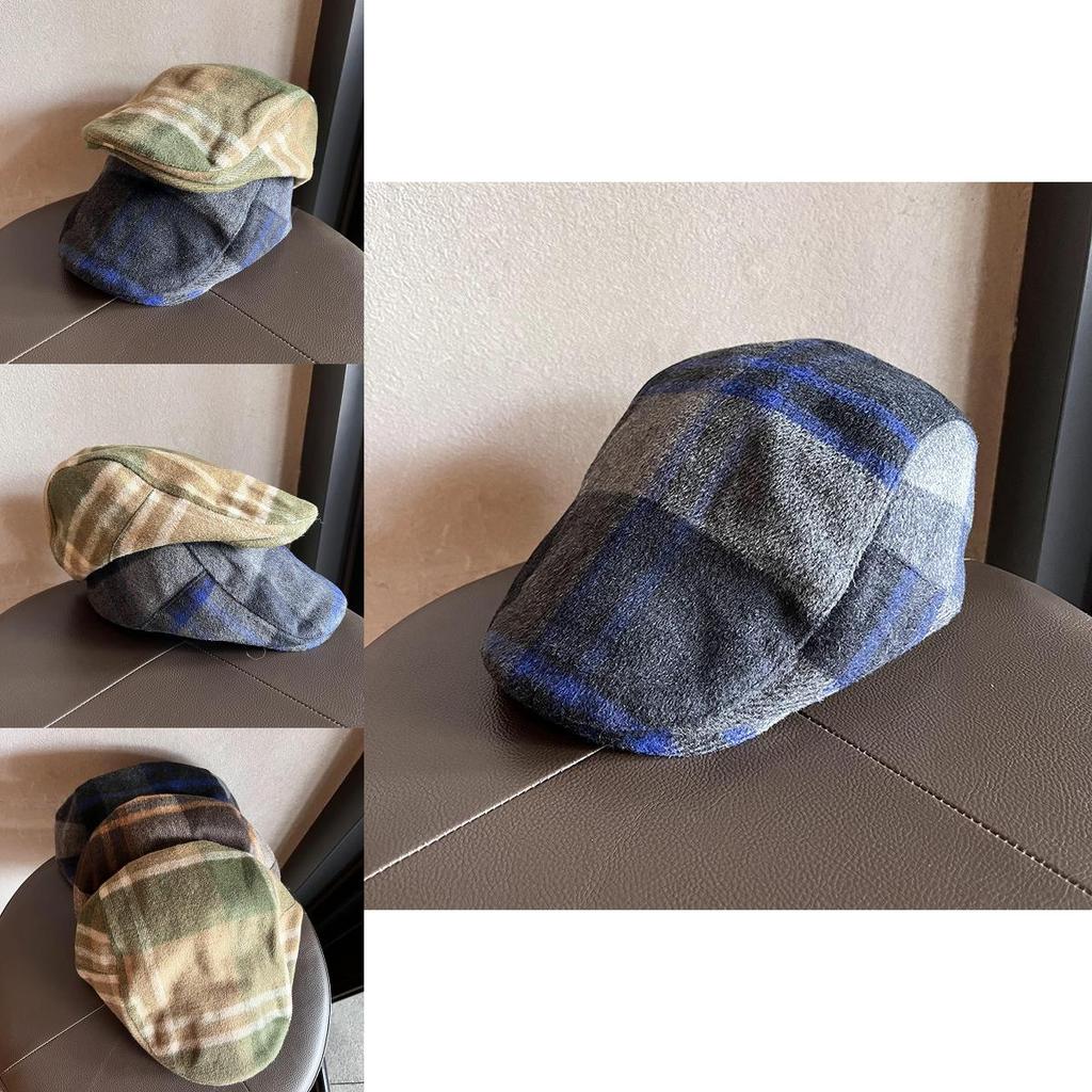 Vintage Grid Pattern Plush Blend Bassinette Cap With Warmth For Casual Autumn Men Women