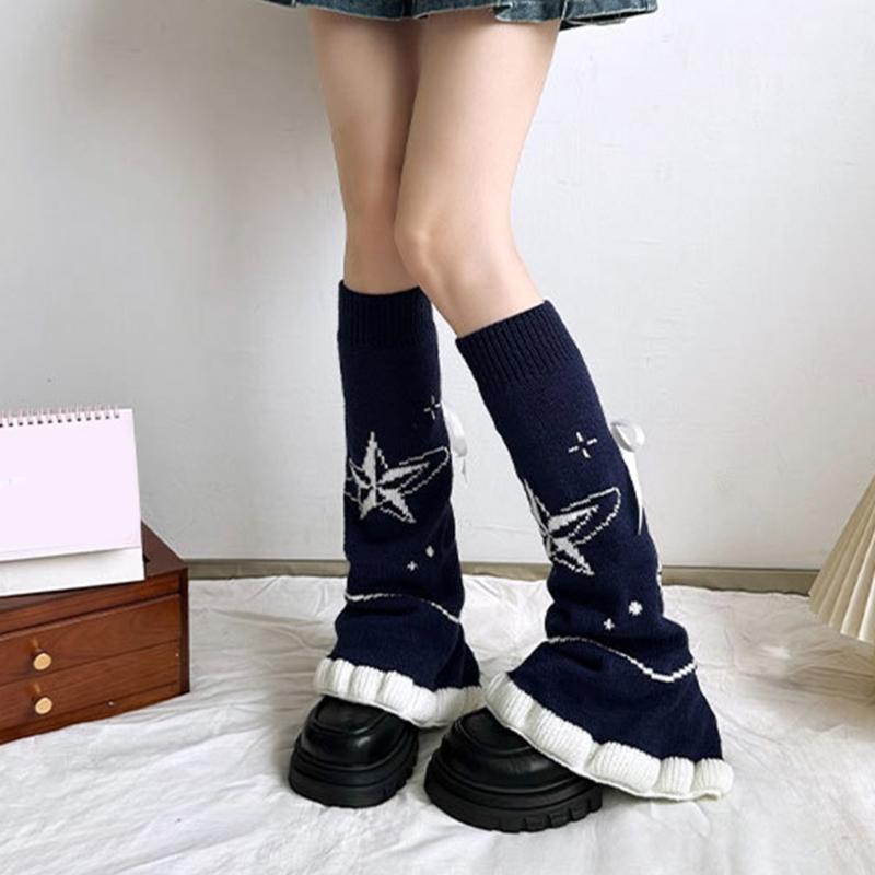 Japanese Harajuku Stretchy Knitted Leg Warmers with Star Pattern for Women Drawstring Ruffle Flared Boot Cuffs Covers