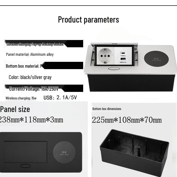 Bezprzewodowe ładowanie Ukryte gniazdko biurkowe z USB-C i opcjami zasilania (Standard UE i USA)