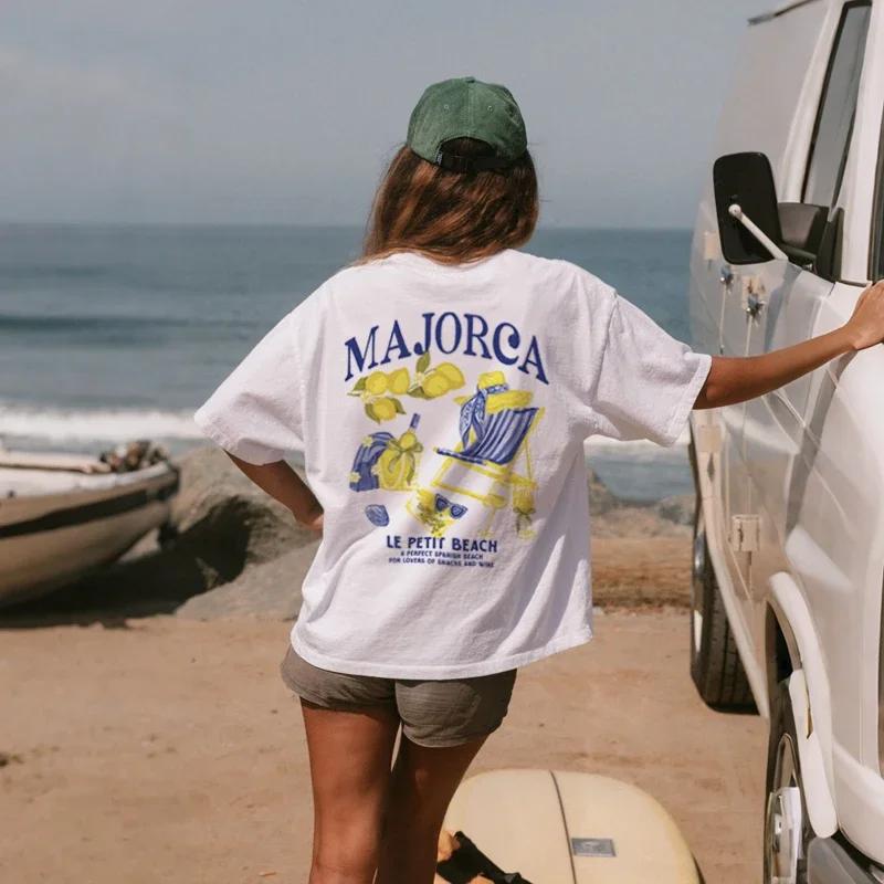 

Retro Aesthetic Picnic Fruit Tshirt Majorca Coastal Beach Graphic Tops Vintage Cotton Women Shirt Loose Short Sleeve Female Tees S