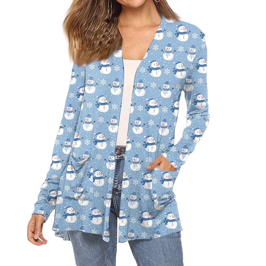 Women's Fashion Christmas Print Long-Sleeved Pocketed Slim-Fit Cardigan Coat