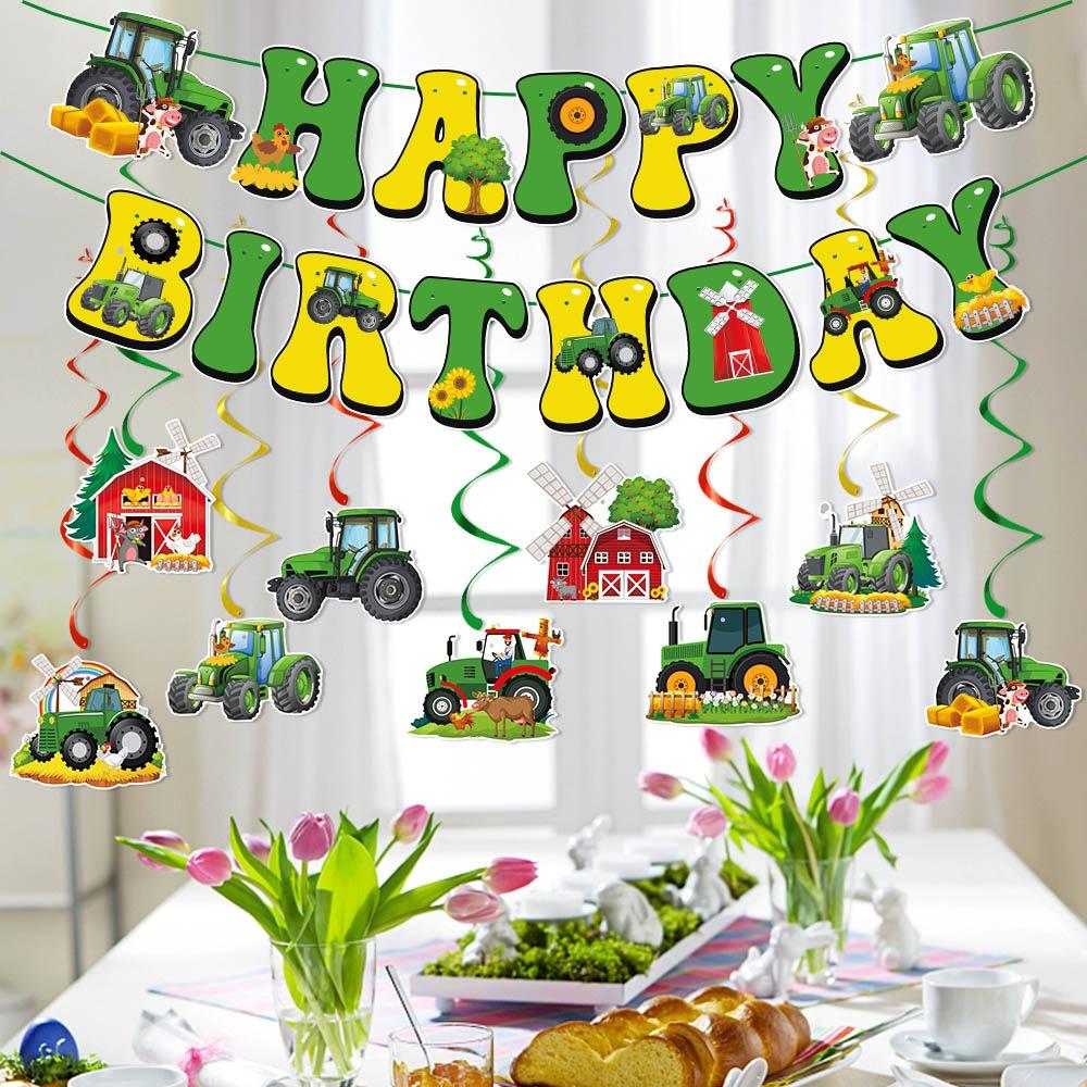 Farm Tractor Birthday Decoration Banner Birthday Party Decoration Flag and Flower Pull Tractor Spiral Pendant