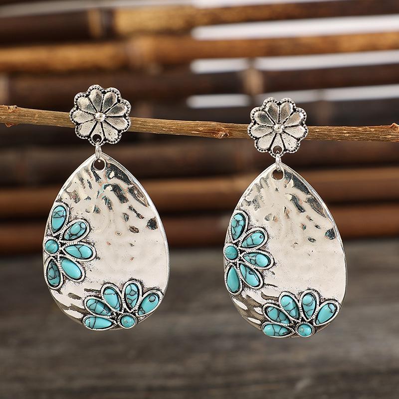 Bohemian Water Drop Alloy Inlaid Turquoise Earrings, Vintage Wind Earrings Earrings серебряный