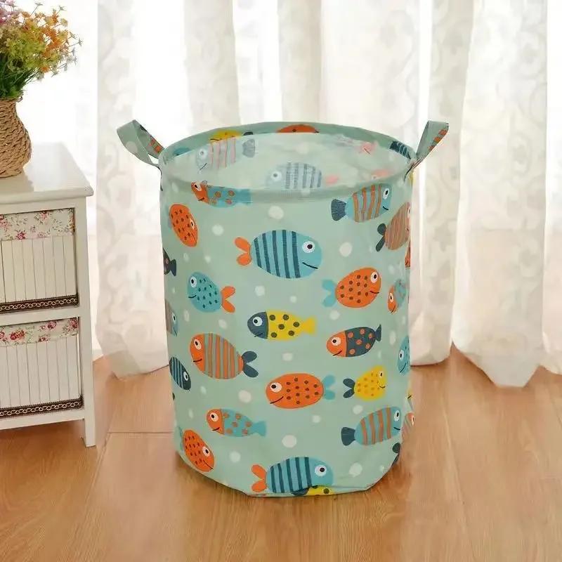 

Foldable Round Waterproof Laundry Basket Cotton Linen Organizer Bucket Large Capacity Home Clothing Kids Toy Storage Basket M 35x45cm