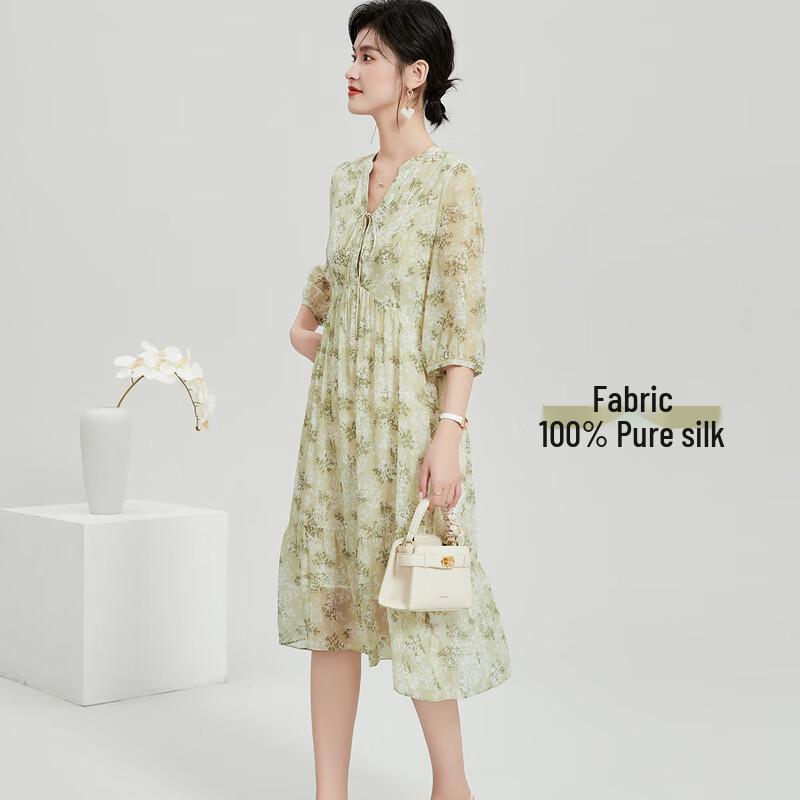 2025 Summer New 100% Mulberry Silk Floral V-Neck Mid-Length Dress L