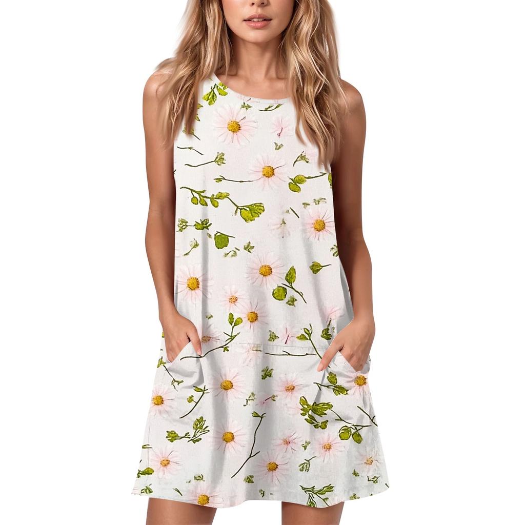 Women's Summer Casual Round Neck Printed Dress Sleeveless Dress With Pockets