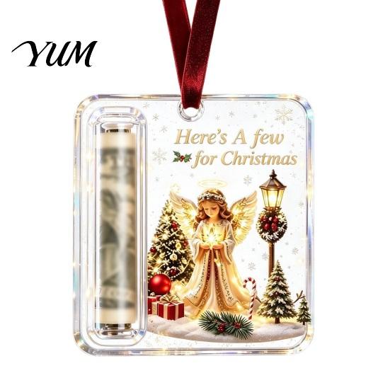Money Gift Ornament Christmas Cash Holder Ornament, Acrylic Angel Santa Cat with Lanyard for Xmas Tree, Holiday Party Hanging Decoration