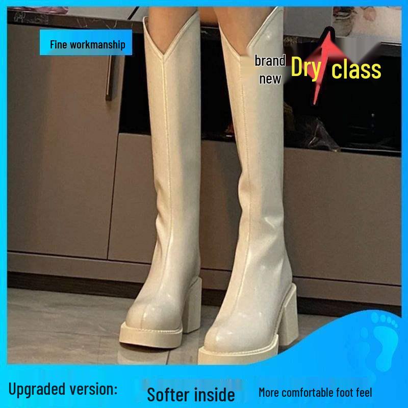 

Женские белые кожаные сапоги до колена - 2025 V-образный вырез, массивный высокий каблук, миниатюрный стиль для верховой езды выше колена 38