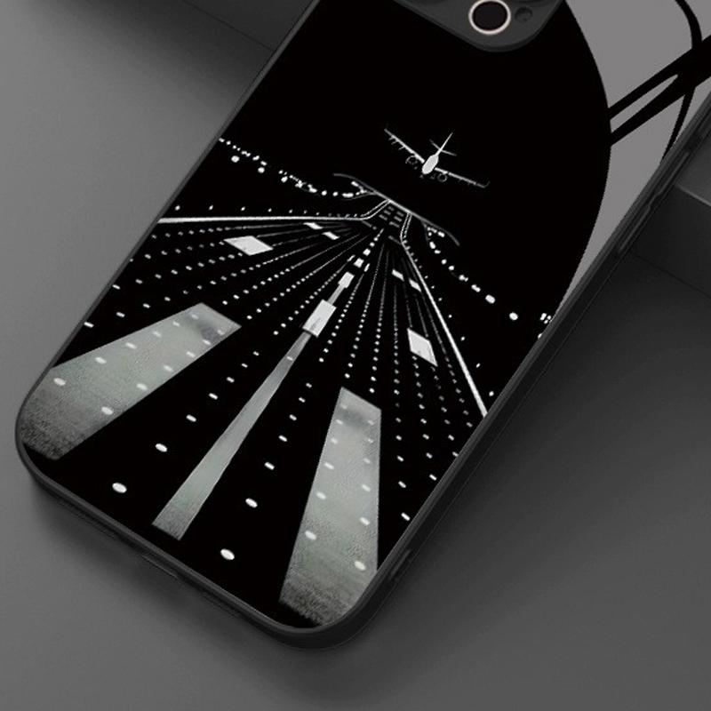 Night View Runway Airplane Tempered Glass Black Phone Case For iPhone 11 12 13 14 15 16 17 Pro Max 17 Air 7 8 Plus XS X XR Cover